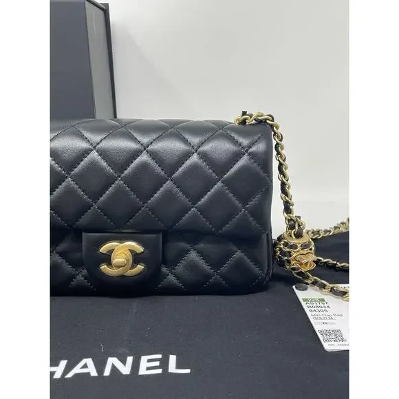 CHANEL 22S Black Mini Rectangle Pearl Crush Braid Gold Ball Flap Bag Unused - Picture 4 of 16